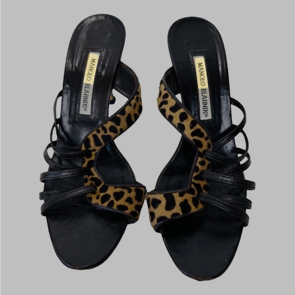 Manolo Blahnik Black and Leopard Print Women's Sandals